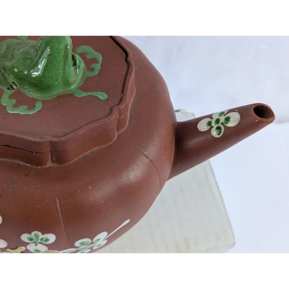 Vtg Yixing Zisha Clay Teapot W/ Enamel Floral & Bird Design 5